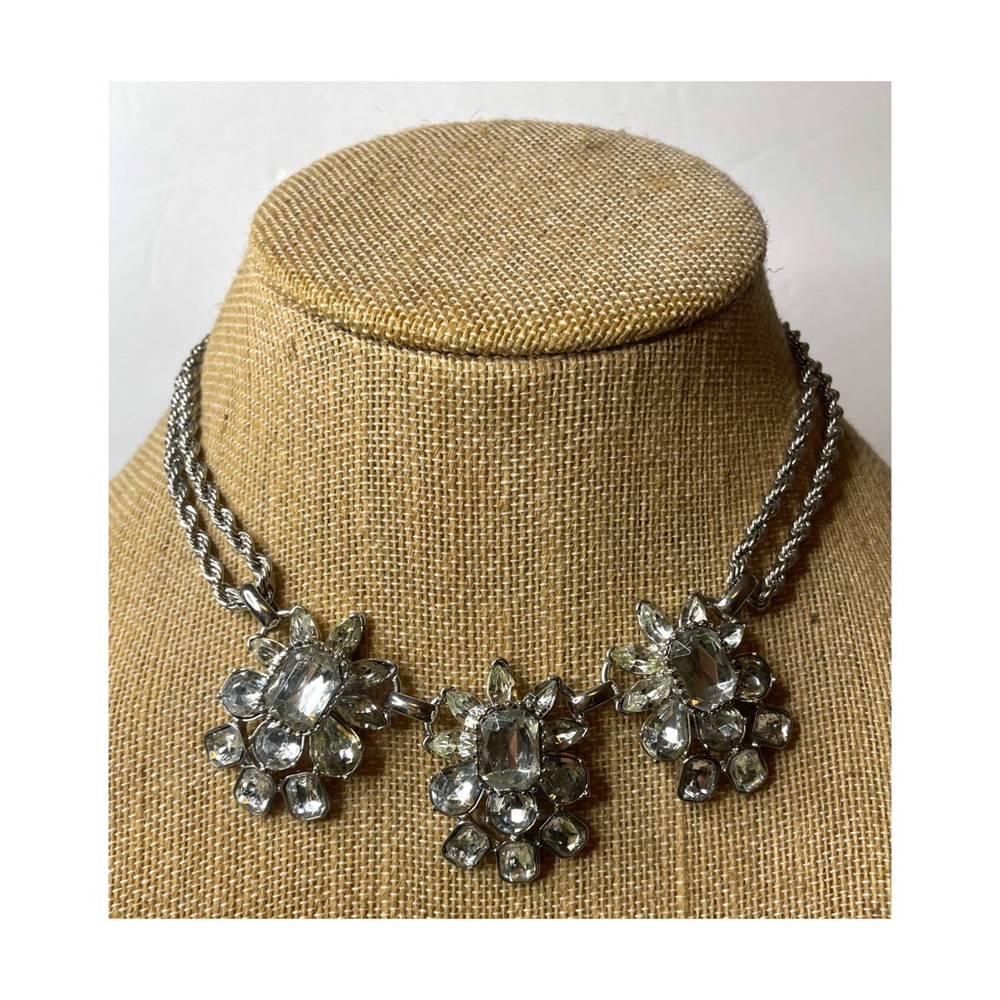 Banana Republic Silver Toned Double Chain Rhinestone Art Deco Chunky Necklace
